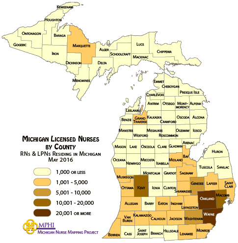 map depicts Michigan's nurse population by county in 2016